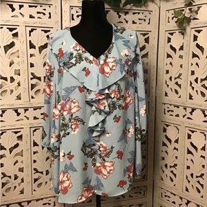 CATHERINES ADORABLE LIGHT BLUE GREEN RUFFLED TOP WITH NICE FLOWERS & BUTTERFLIES